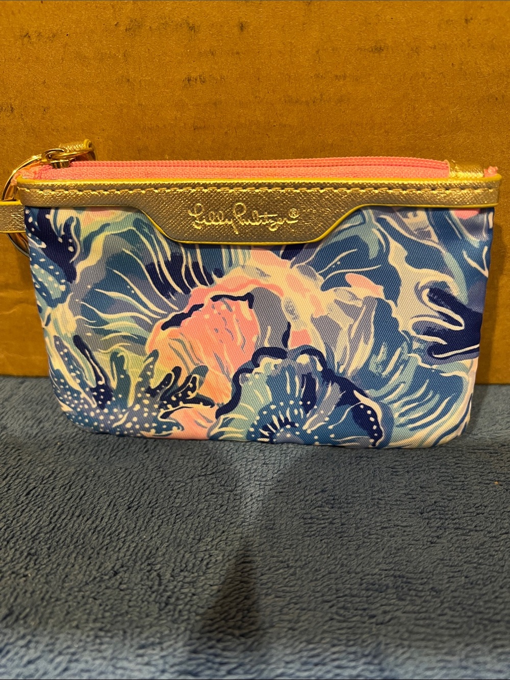 NWOT Lilly Pulitzer Blue, Pink & Gold Floral Cosmetic Pouch
